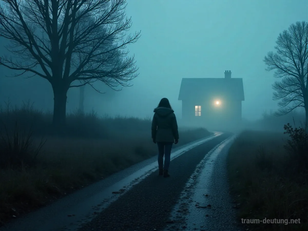 Silhouette einer Person an einer Weggabelung mit dunklem Pfad und Nebel
