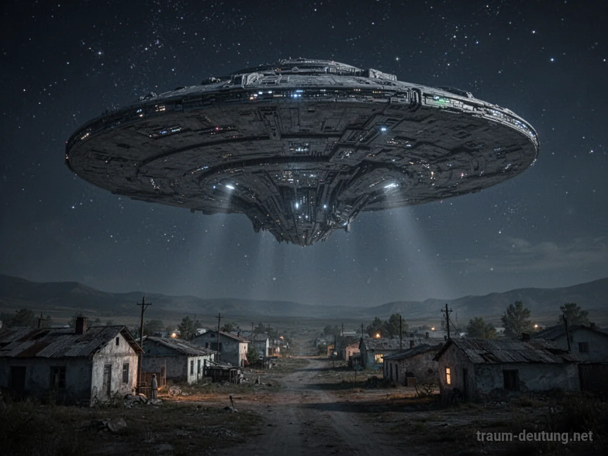 Ein riesiges Alienraumschiff schwebt über einer einsamen Stadt bei Nacht.