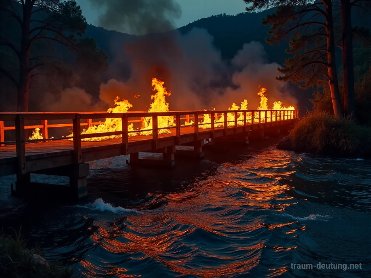 Eine brennende Brücke über dunklem Wasser bei Nacht.