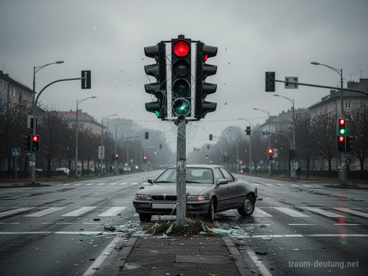 Kaputte Ampel an einer leeren Kreuzung mit einem wartenden Auto