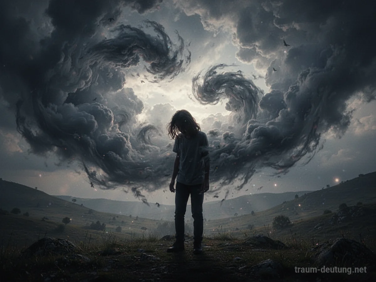 Silhouette einer Person inmitten wirbelnder dunkler Wolken im Traum
