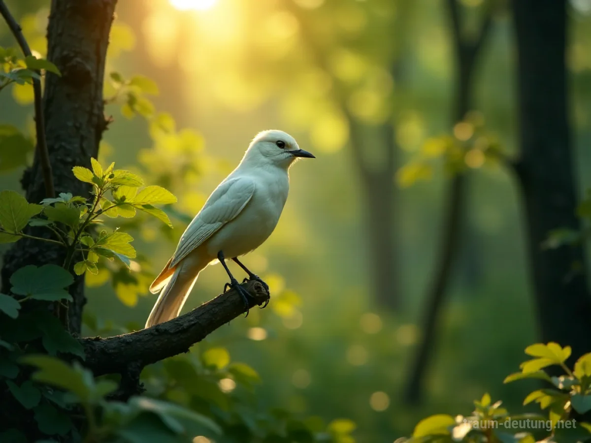 Eine einzelne weiße Amsel auf einem Ast im Wald.