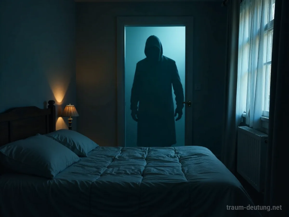 Schattenhafte Figur über einer Person im Bett, die große Angst im Traum erlebt.