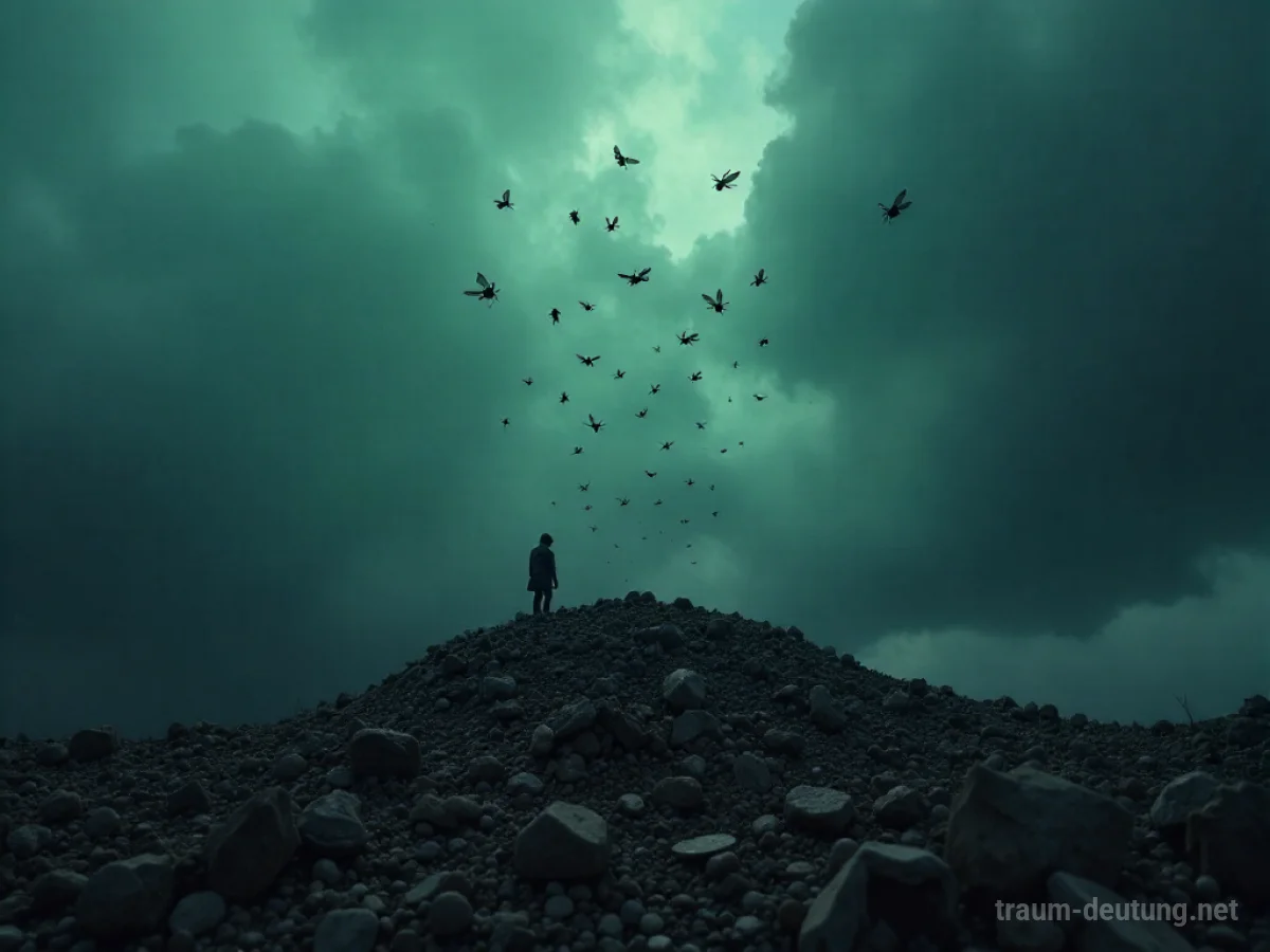 Dunkle Wolke aus Fliegen über unsichtbarem Müll