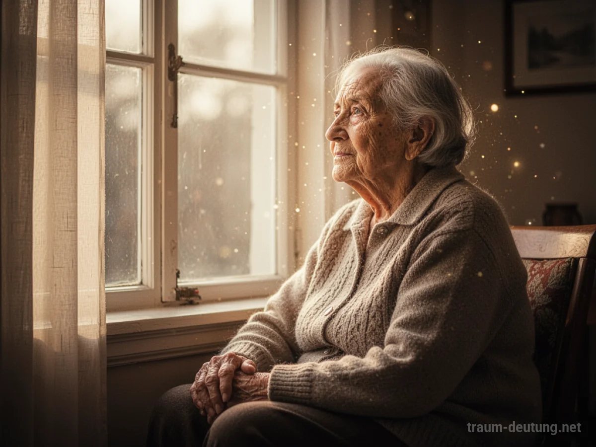 Eine ältere Person blickt nachdenklich aus dem Fenster in warmes Licht.