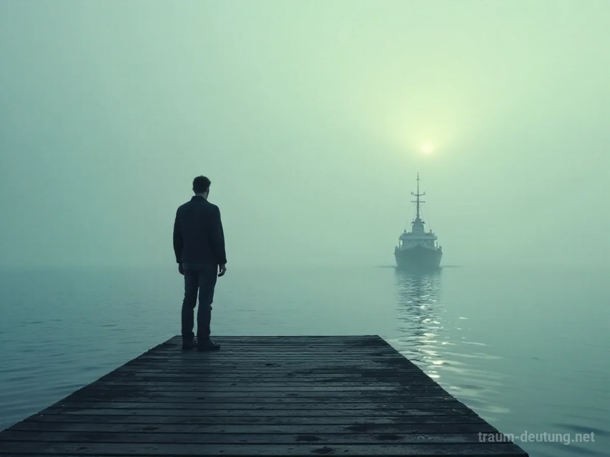 Ein einsamer Mensch steht am Kai und blickt einem Schiff hinterher, das in den Nebel gleitet.