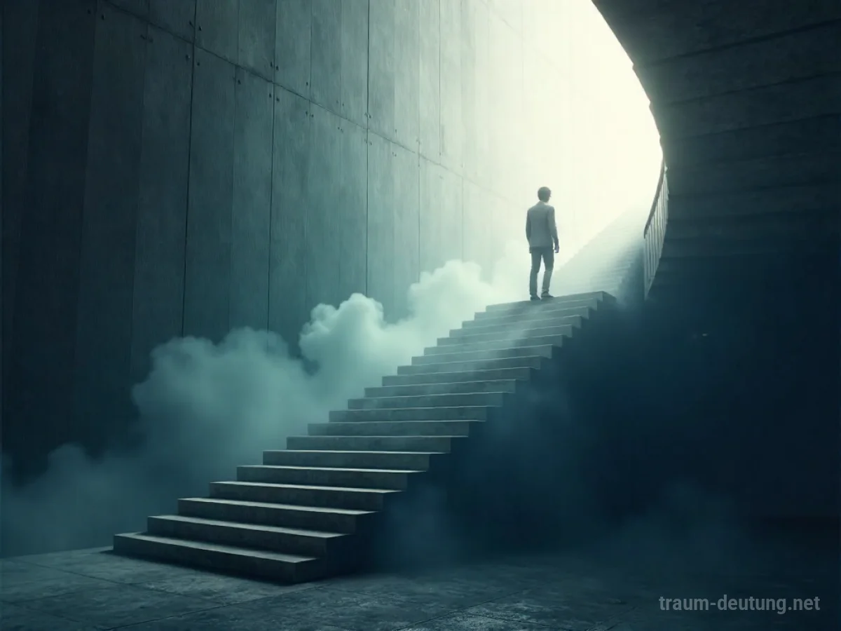 Eine Person steigt eine breite Treppe hinauf zu einem hellen Licht.