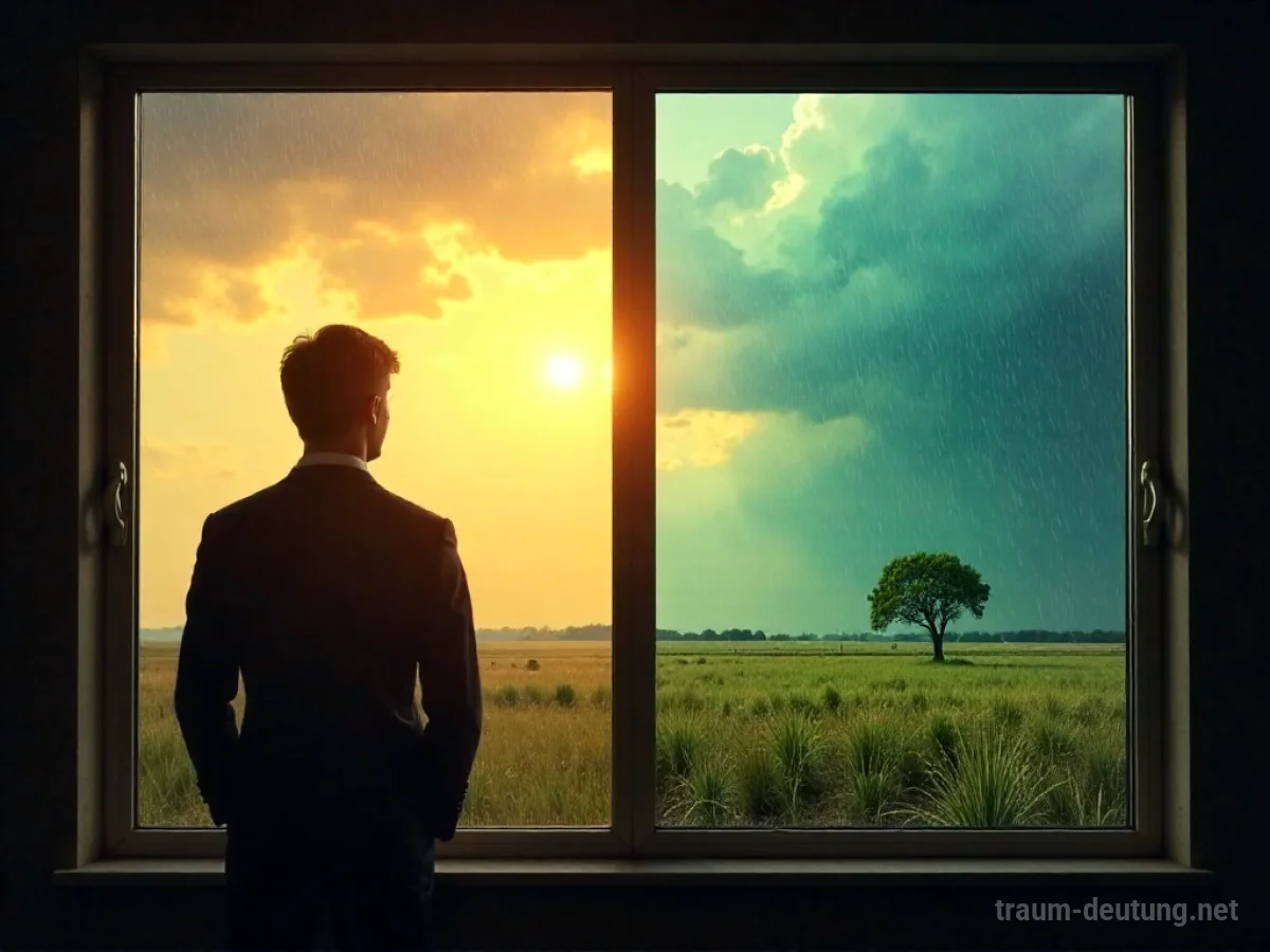 Fensterblick auf Landschaft mit plötzlichem Wetterwechsel: Sonne, Regen und Wind gleichzeitig.