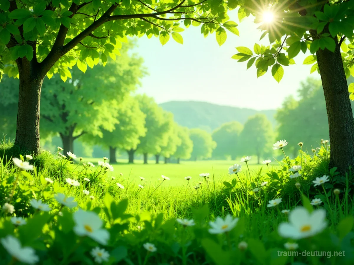 Eine weitläufige, grüne Landschaft im April unter strahlendem Himmel