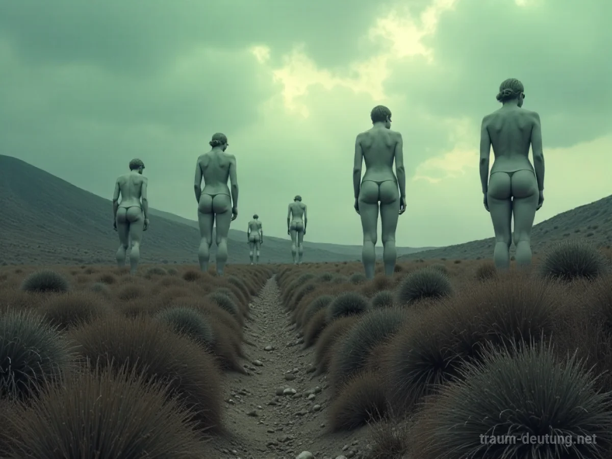 Abstrakte Formen von Gesäßen verteilen sich über eine surreale Landschaft.