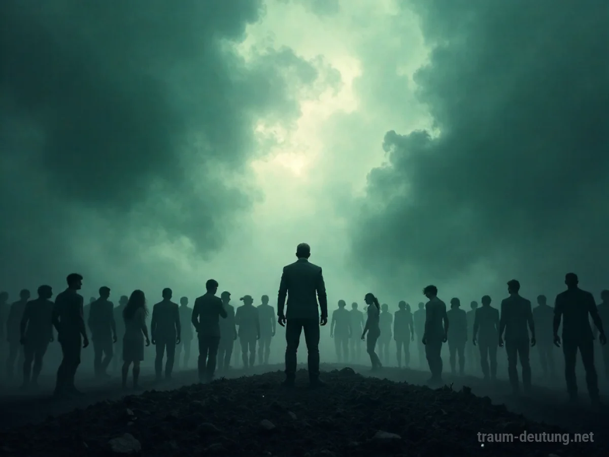 Eine einzelne Figur steht inmitten eines diffusen Chaos von Formen und Schatten.