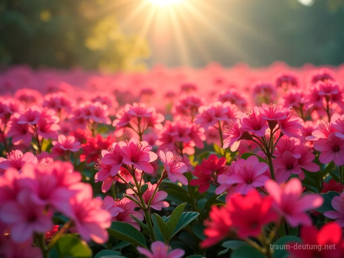 Ein Feld, vollständig bedeckt mit leuchtend rosa und roten Azaleenblüten unter sanftem Sonnenlicht.