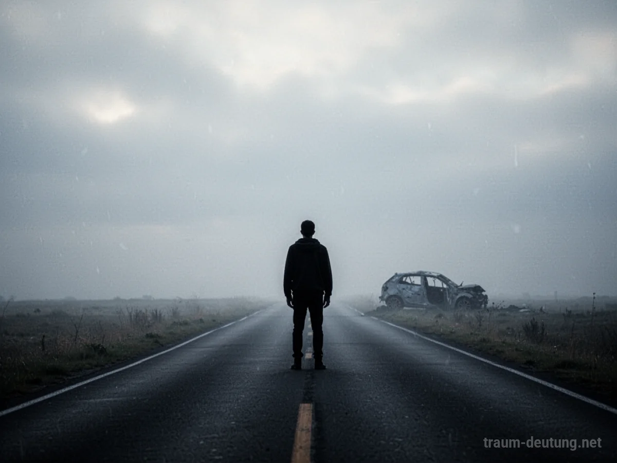 Silhouette einer Person, die am Straßenrand steht und in der Ferne ein beschädigtes Auto sieht.