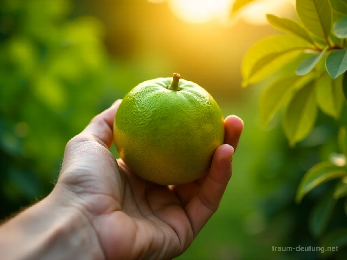 Unreife, grüne Apfelsine in einer Hand gehalten im Garten.