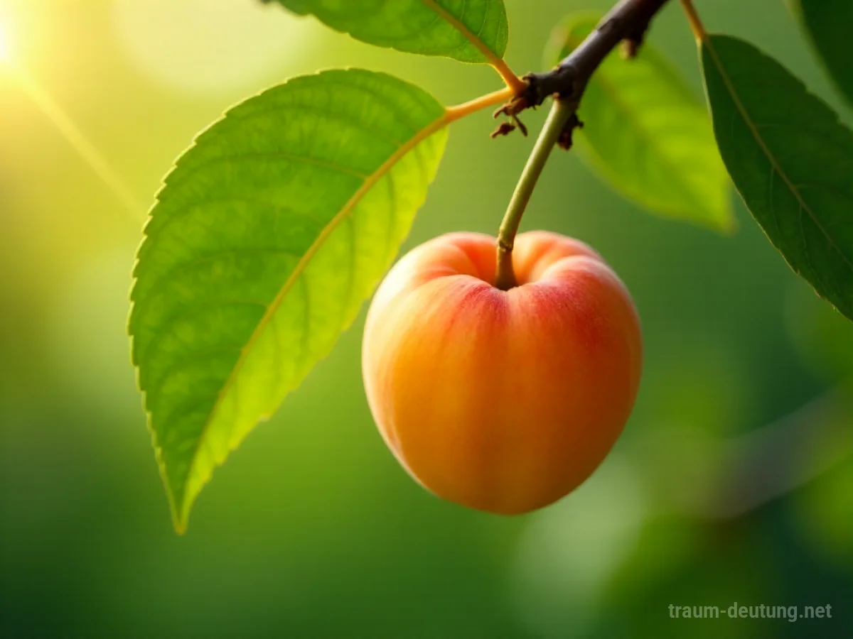 Ein einzelnes unreifes Aprikosenfrucht an einem Ast, umgeben von Blättern.