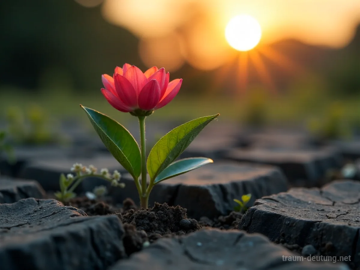 Eine einzelne Blüte bricht durch trockene Erde, im Hintergrund geht die Sonne auf.