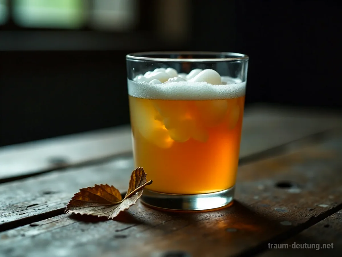 Ein Glas trüber, unappetitlicher Apfelwein steht auf einem dunklen Holztisch.