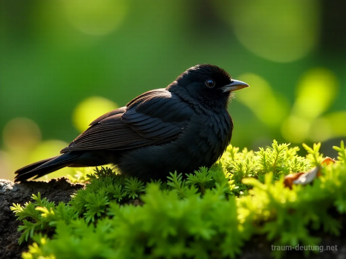 Eine kleine, verletzte Amsel mit zerzaustem Gefieder liegt auf Moos im Wald.