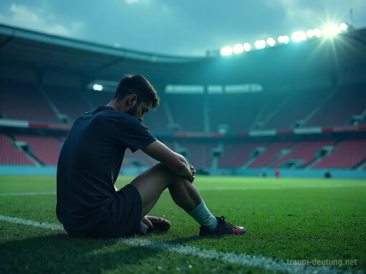 Ein verletzter Athlet sitzt allein auf dem Boden eines leeren Stadions.