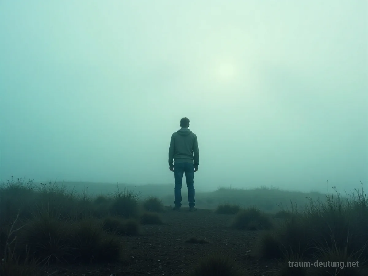 Eine Person steht in einer nebligen Landschaft und sucht nach sich selbst.