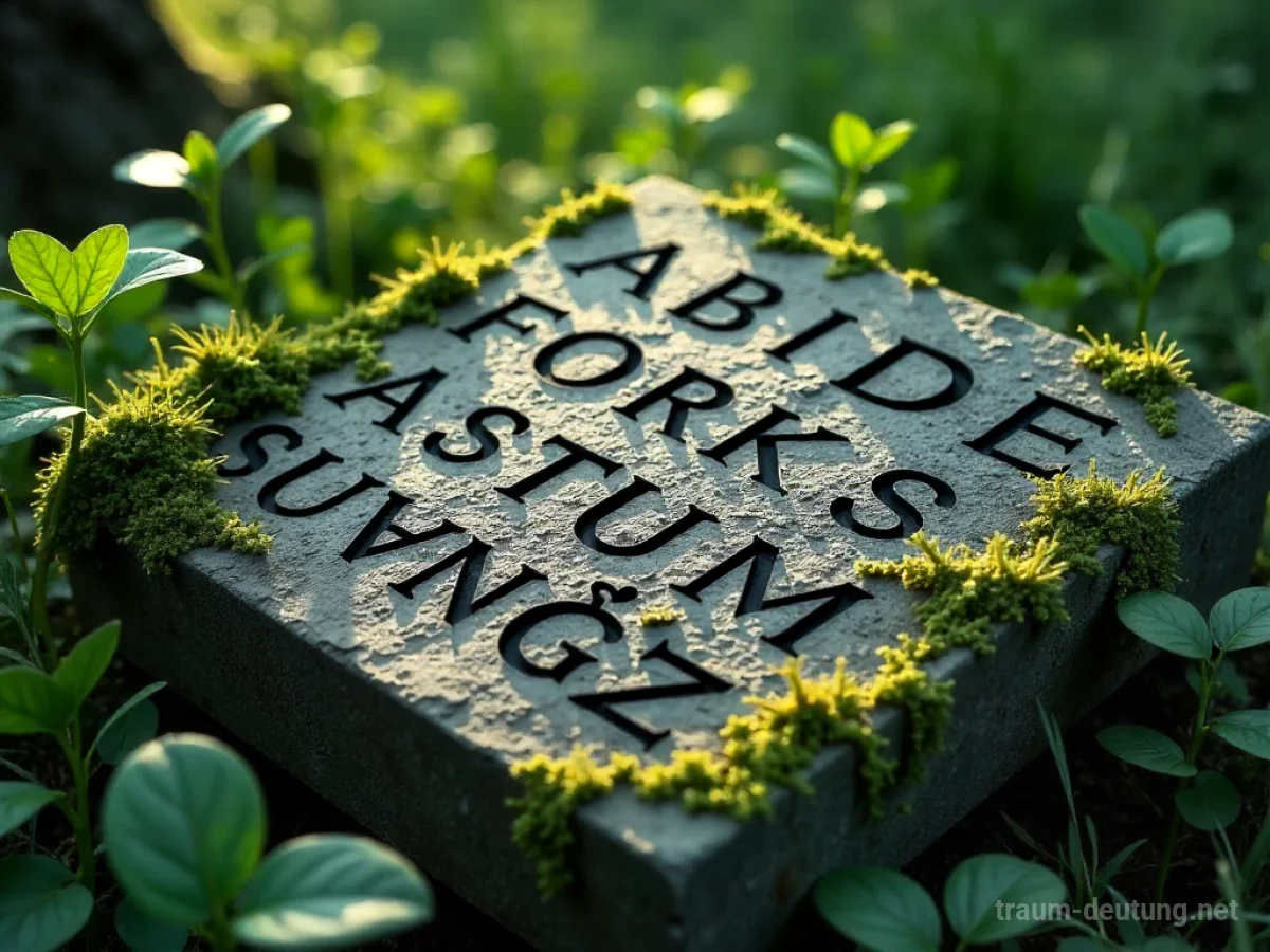 Verstecktes Alphabet auf bemooster Steintafel im Wald