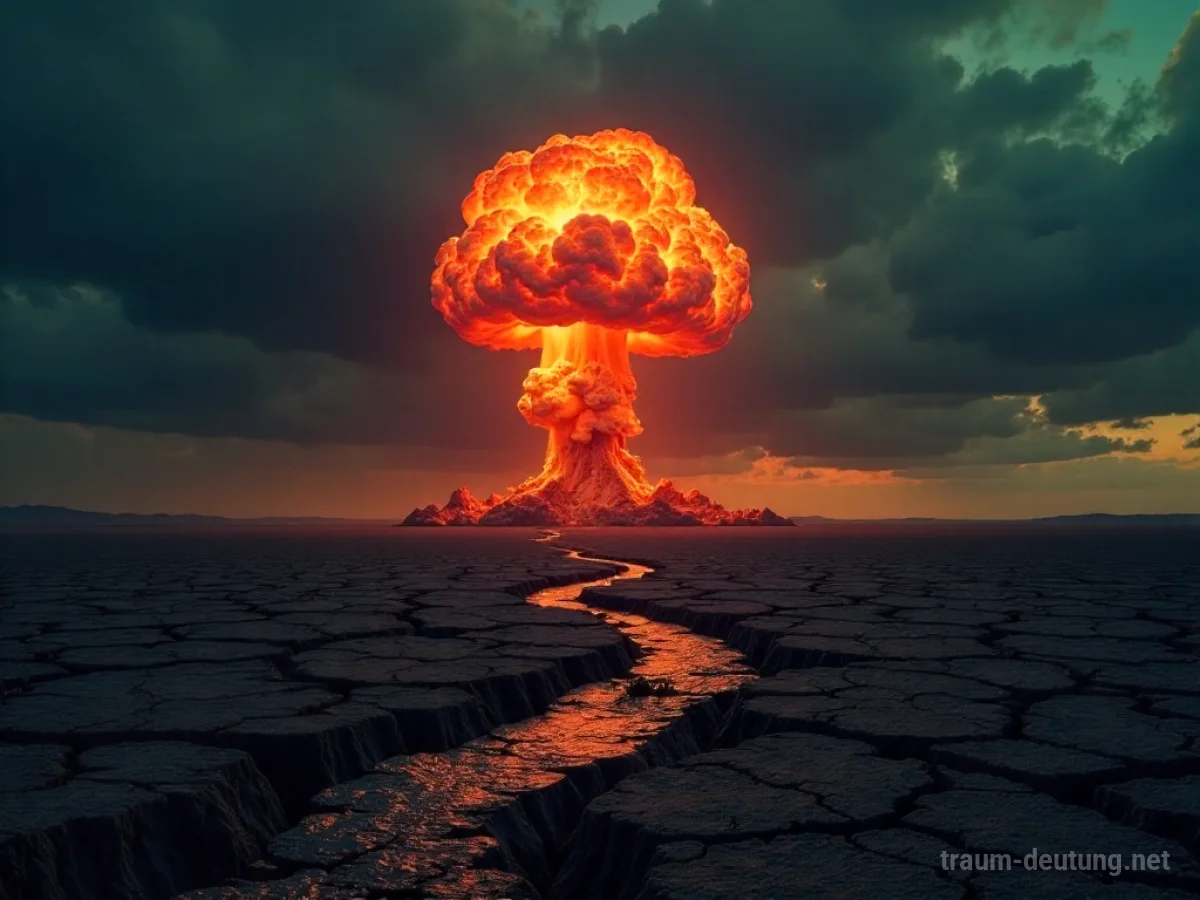 Ein Atompilz steigt über einer zerstörten Landschaft auf.