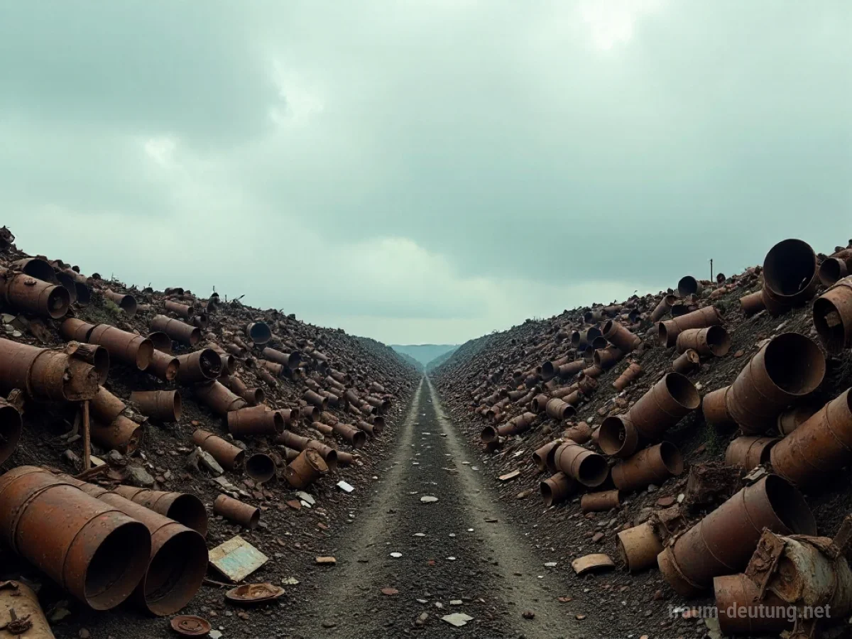 Haufen von rostigem Altmetall erstrecken sich in einer weiten Landschaft unter einem grauen Himmel.