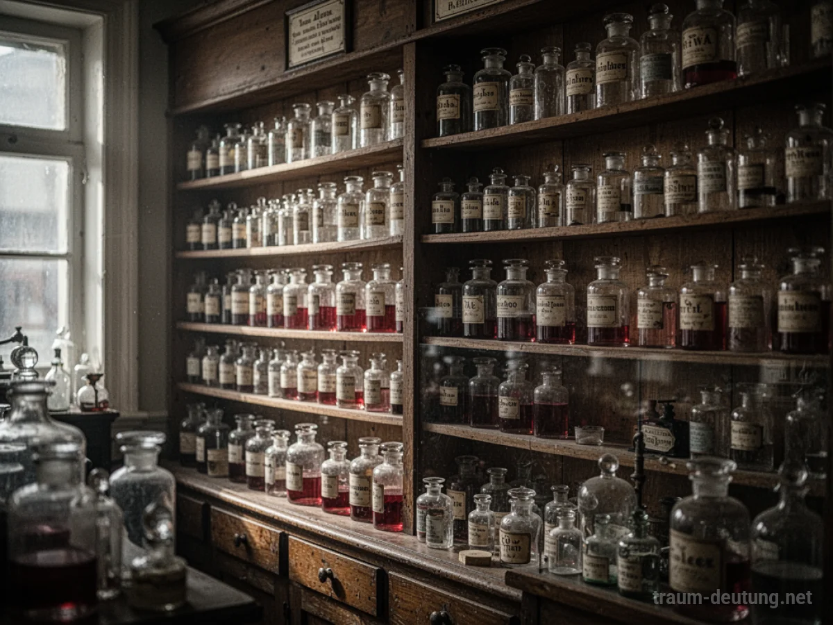 Alte Apotheke mit Regalen voller Glasflaschen, einige mit roter Flüssigkeit.