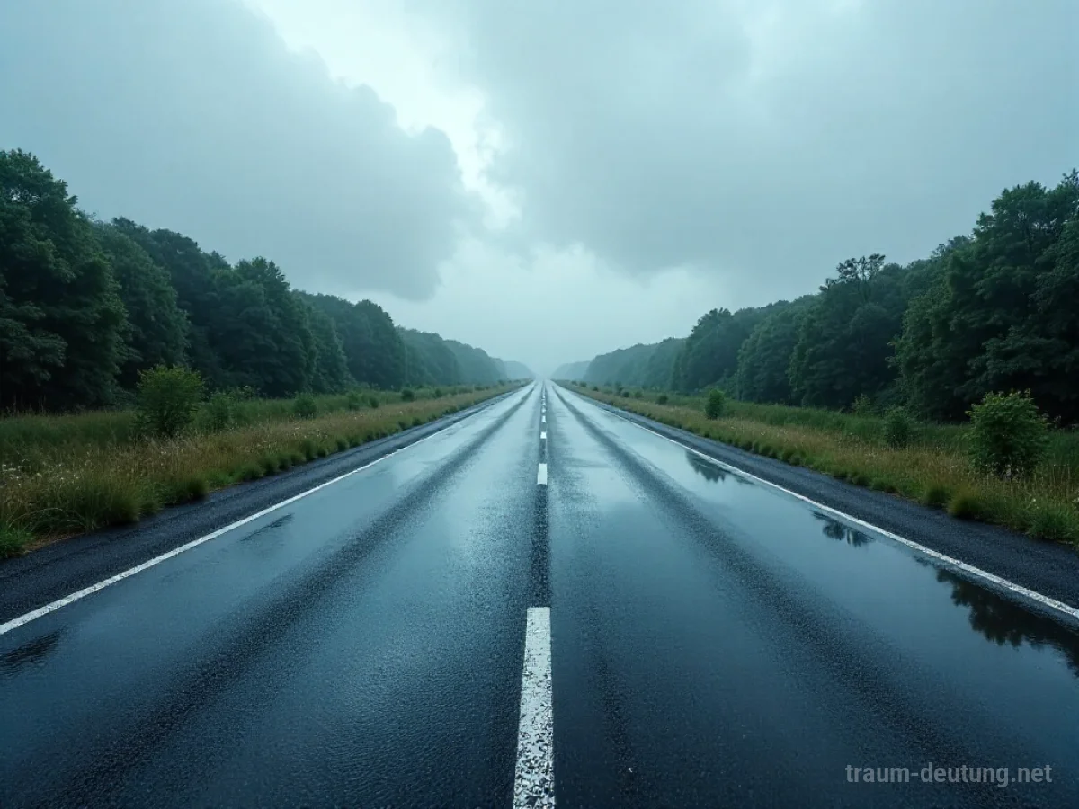 Viel Wasser bedeckt eine Asphaltstraße unter einem bewölkten Himmel.