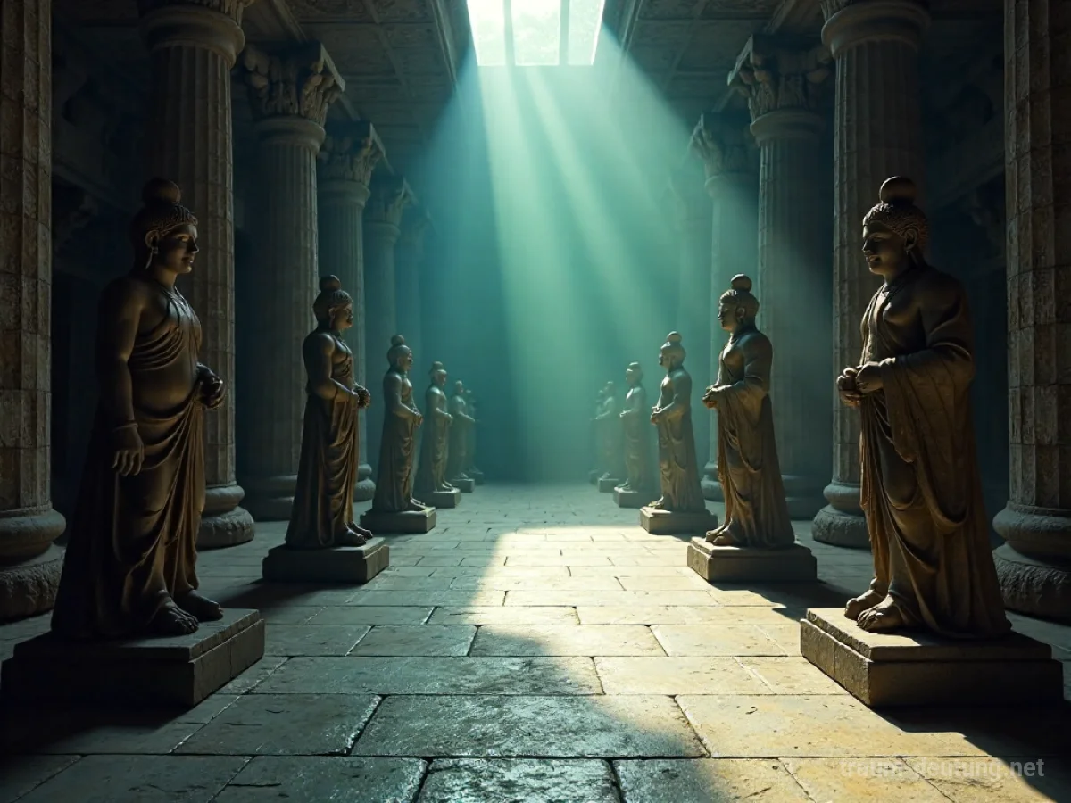 Viele verschiedene Götzenstatuen in einem dunklen Raum