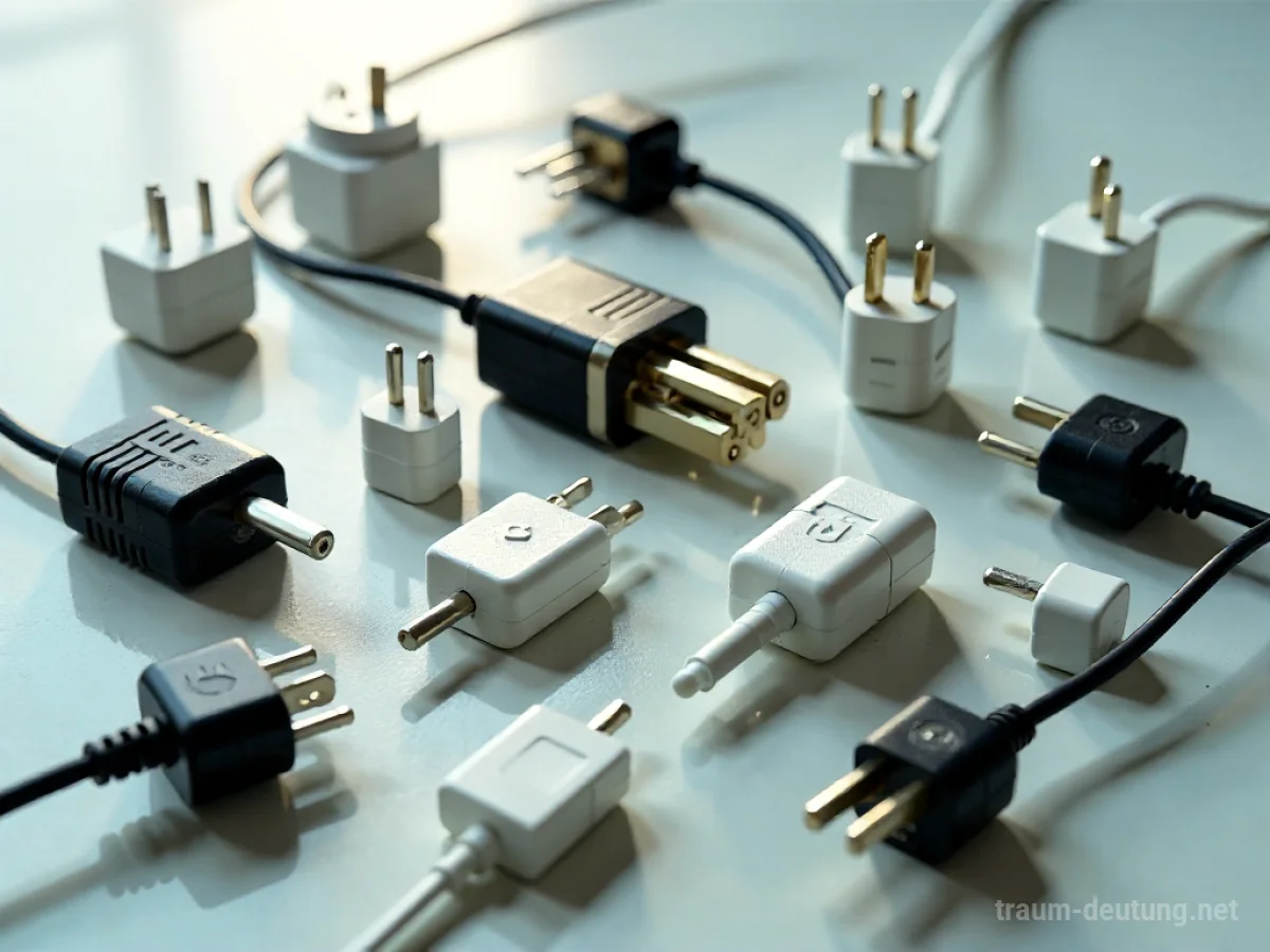 Viele verschiedene elektrische Adapter liegen verstreut auf einem Tisch.