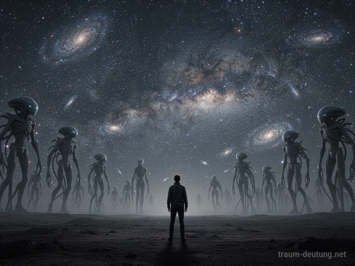 Viele Aliens am Nachthimmel über einer einsamen Landschaft