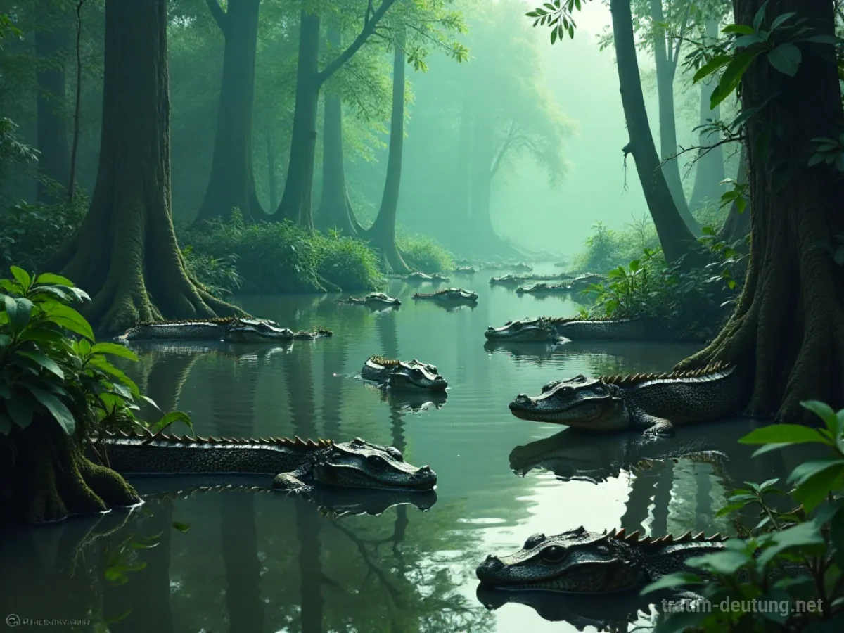 Viele Alligatoren in einem sumpfigen Gewässer, umgeben von dichter Vegetation.