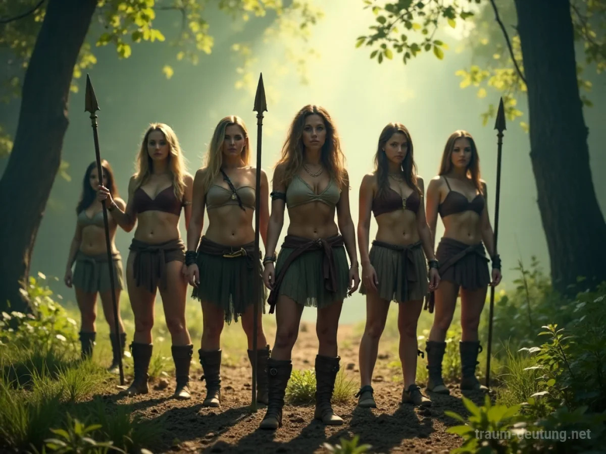 Mehrere Amazonen stehen stark und aufrecht in einem Licht durchfluteten Wald.