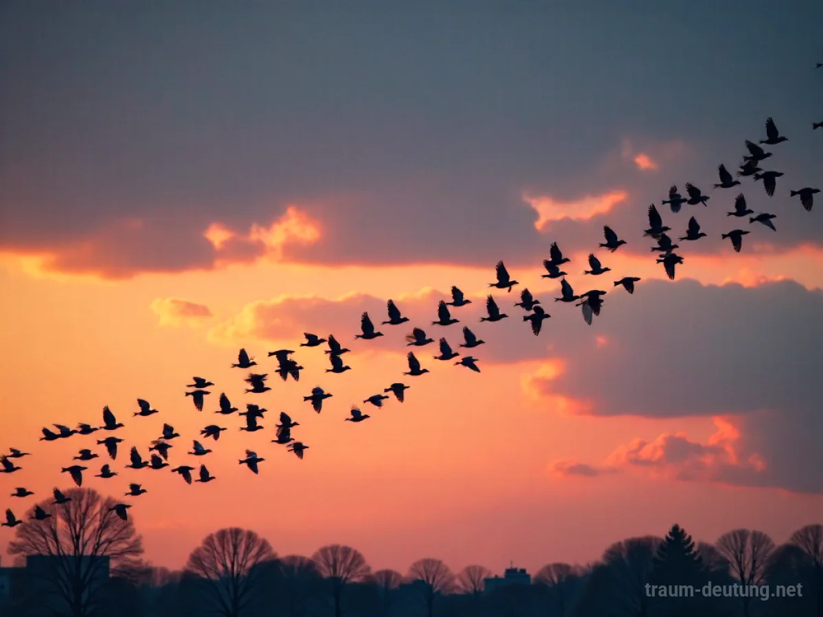 Vielzahl von Amseln am Abendhimmel