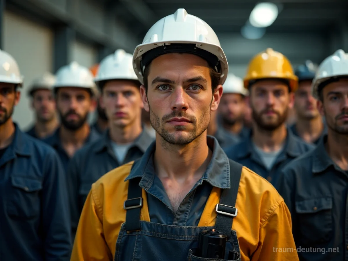 Viele Arbeiter in Arbeitskleidung, ein einzelner fokussierter Arbeiter im Vordergrund.