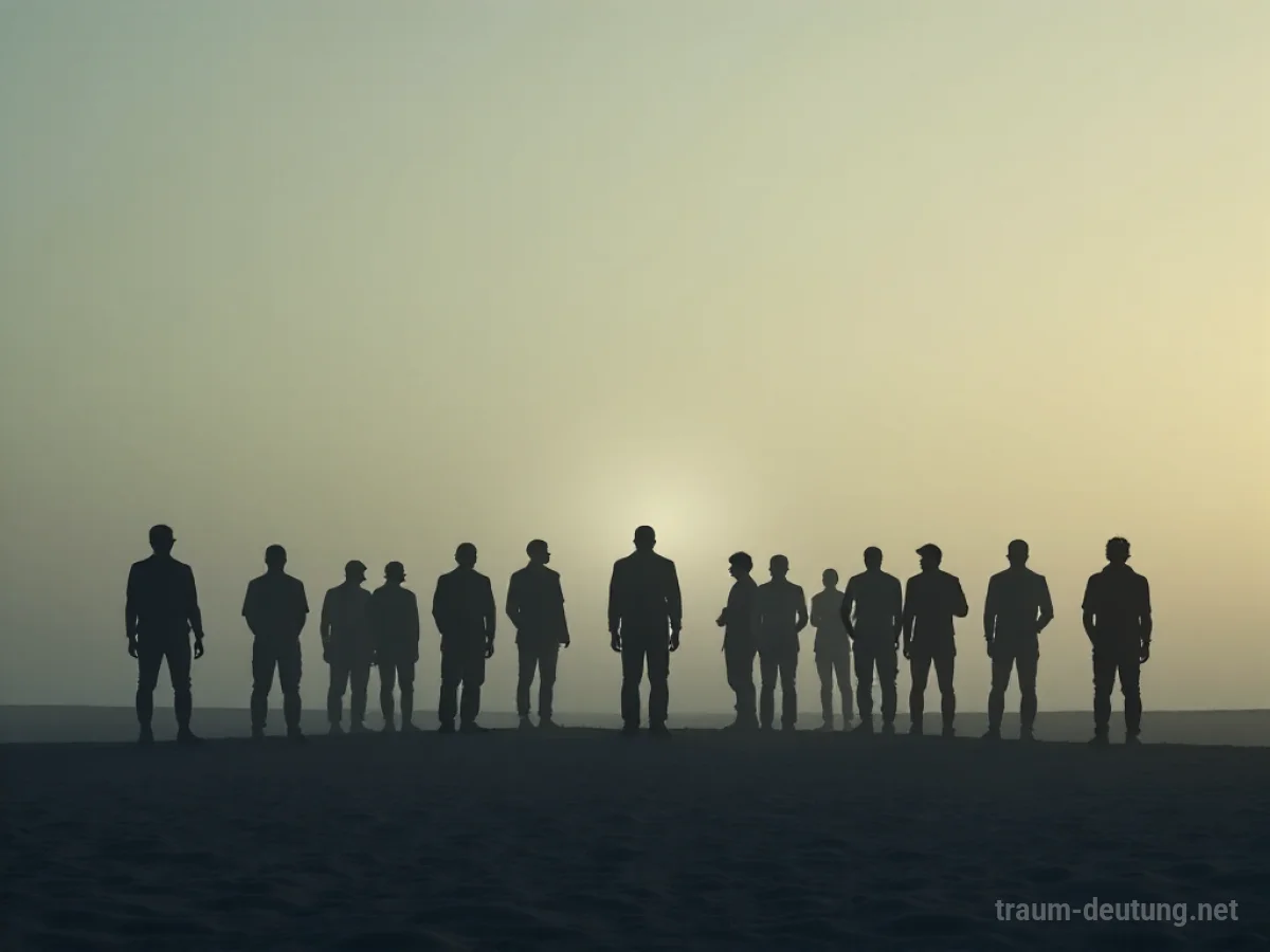 Viele Silhouetten von Menschen stehen in einer weiten, leeren Landschaft.