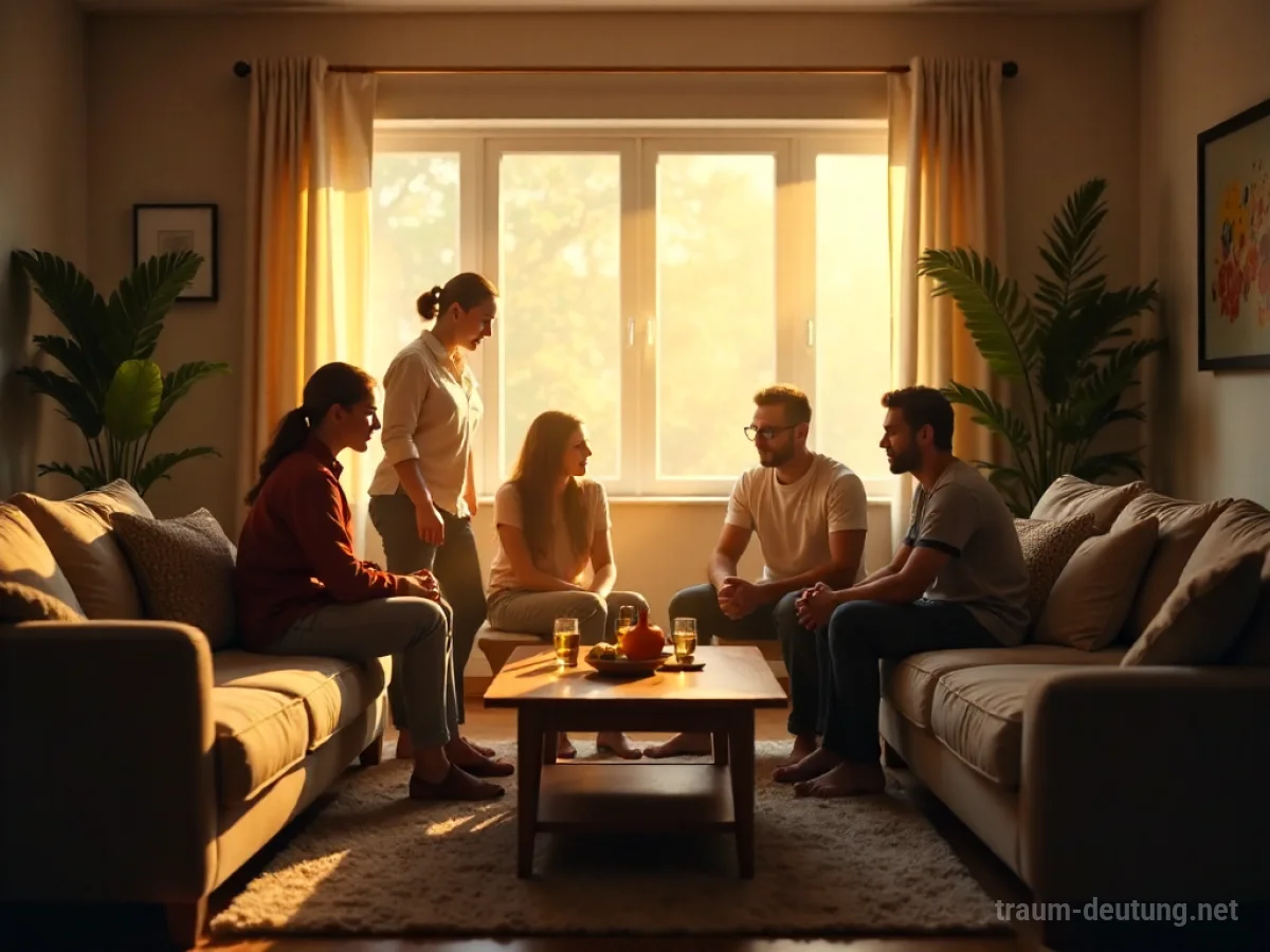 Ein belebtes Wohnzimmer voller freundlicher Gäste, die sich unterhalten.
