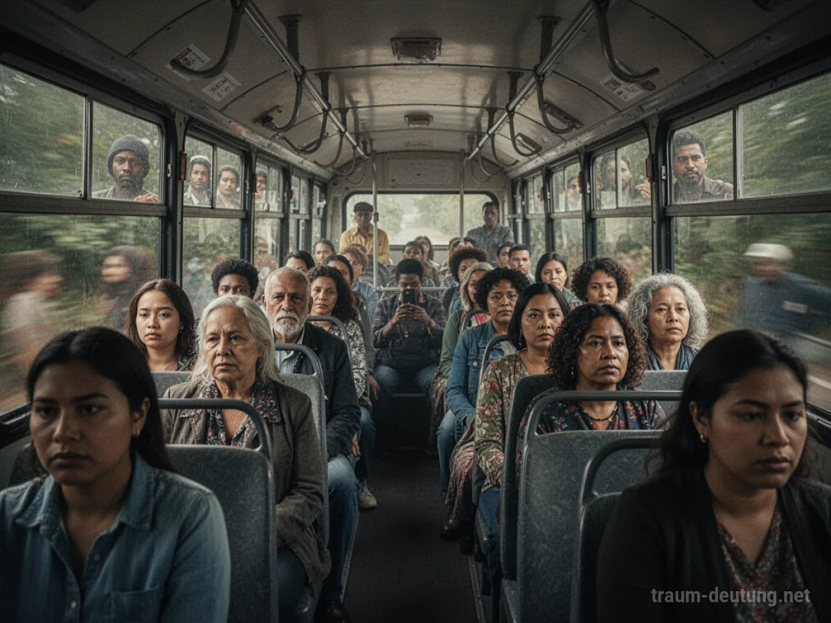 Innenansicht eines überfüllten Autobusses mit vielen Menschen, die Fahrgäste sind.
