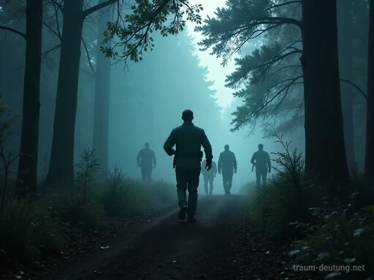 Eine Person flieht vor unscharfen Militärfiguren im Nebelwald