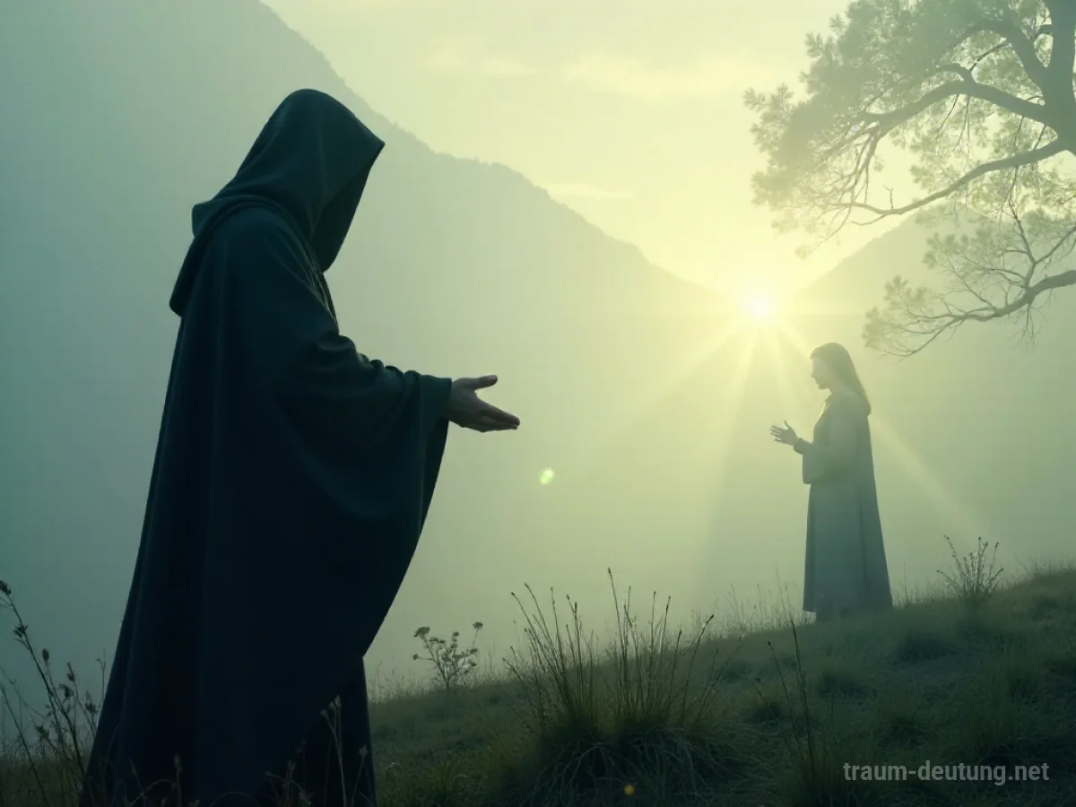 Eine abbotähnliche Figur segnet eine Person in einer ruhigen Landschaft.