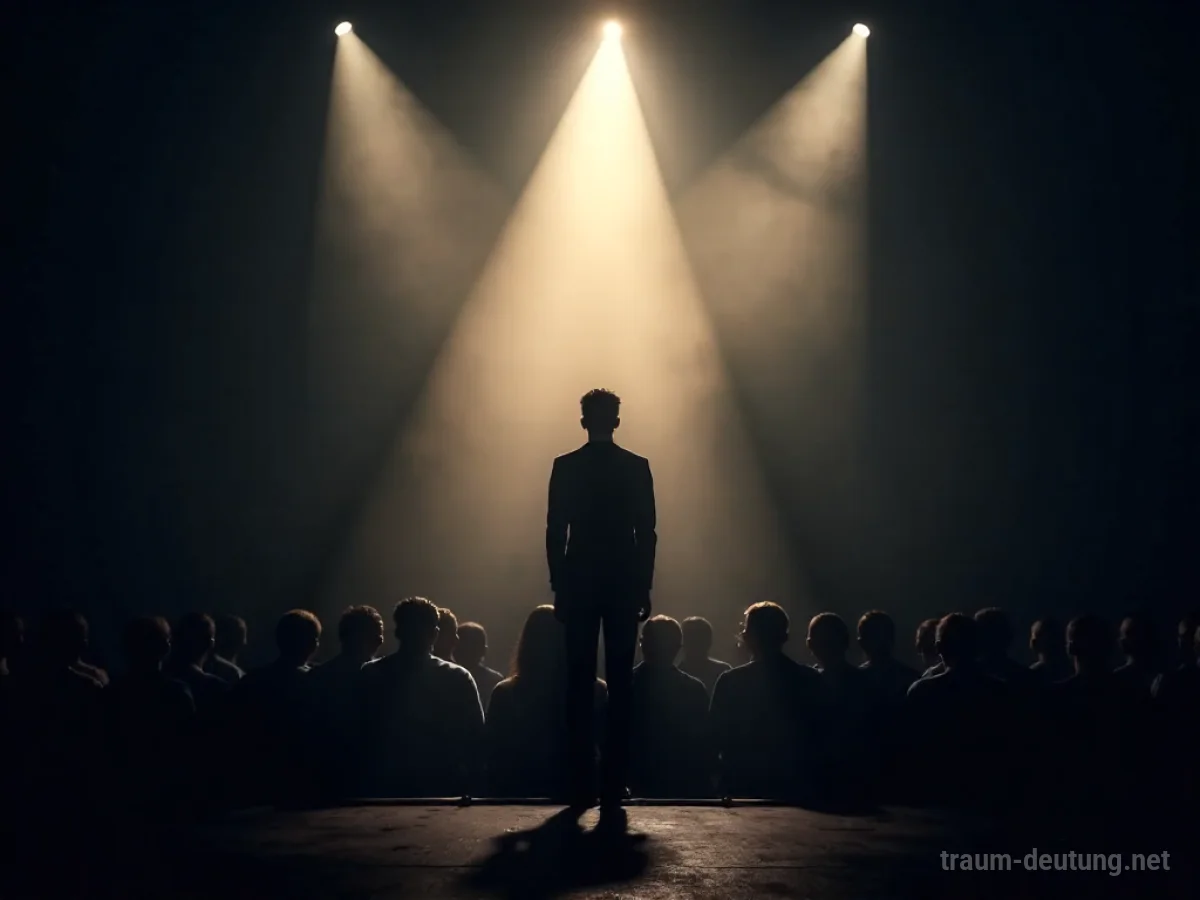 Silhouette einer Person auf einer Bühne, die von einem dunklen Publikum beobachtet wird.