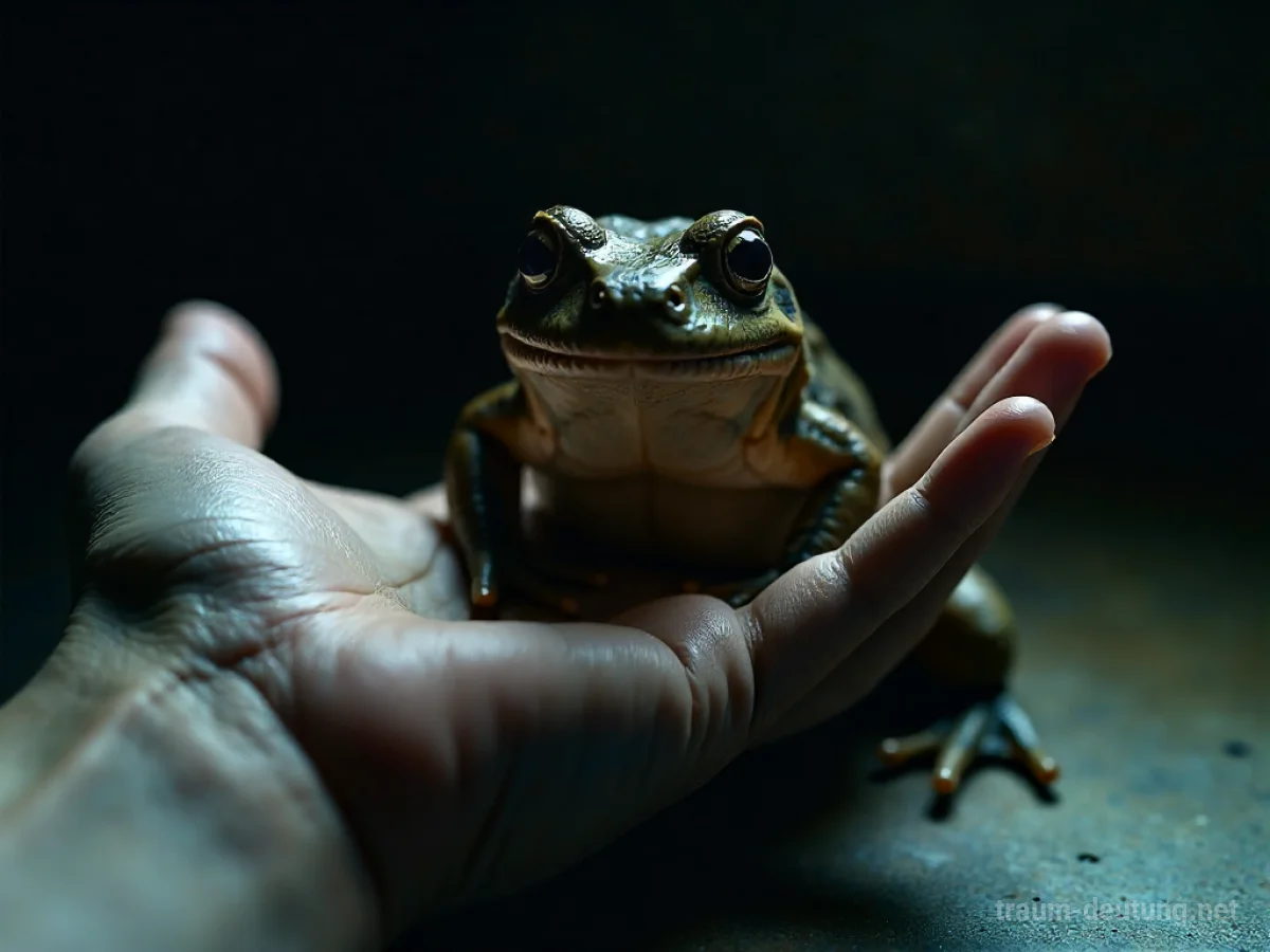 Eine schemenhafte Amphibie nähert sich einer menschlichen Hand im Dunkeln.