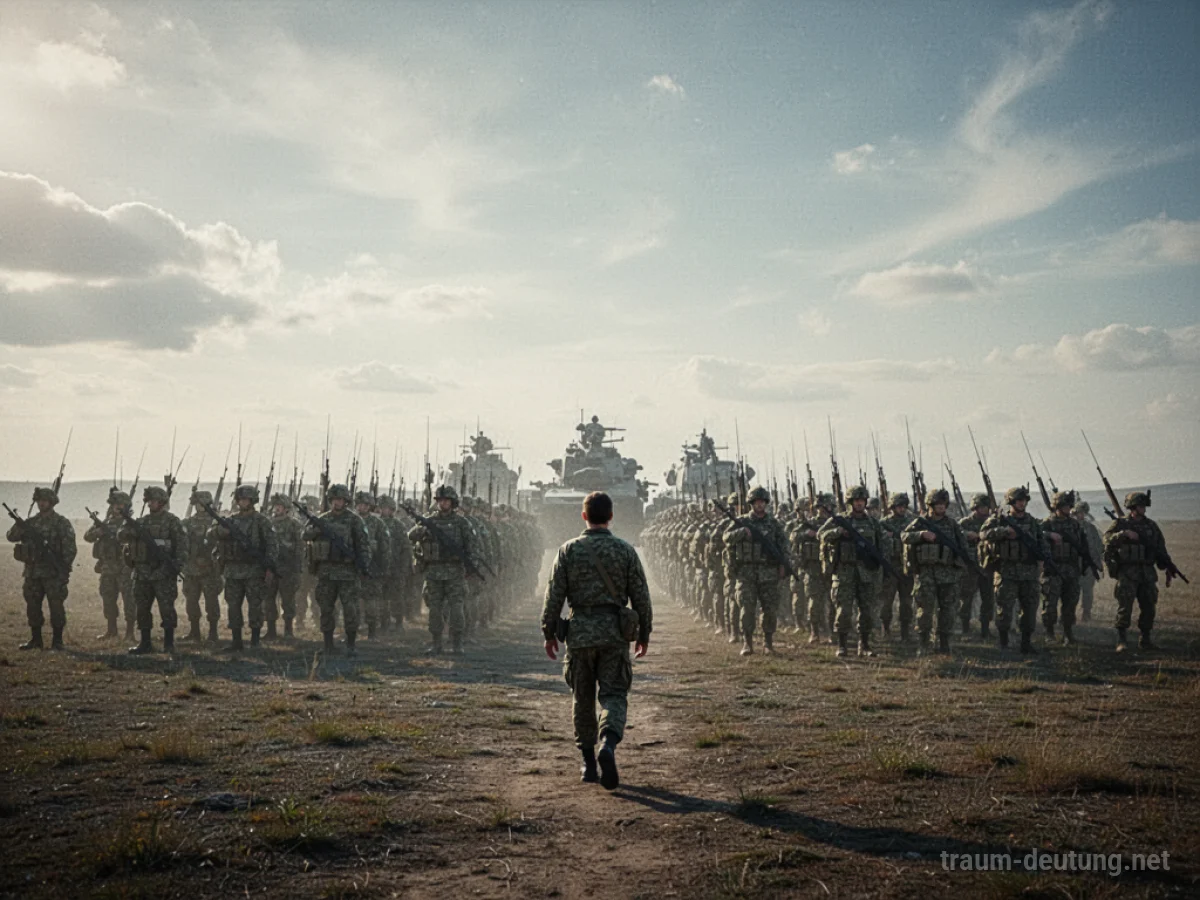 Eine einzelne Person wendet sich von einer entfernten Armee ab und geht in eine offene Landschaft.