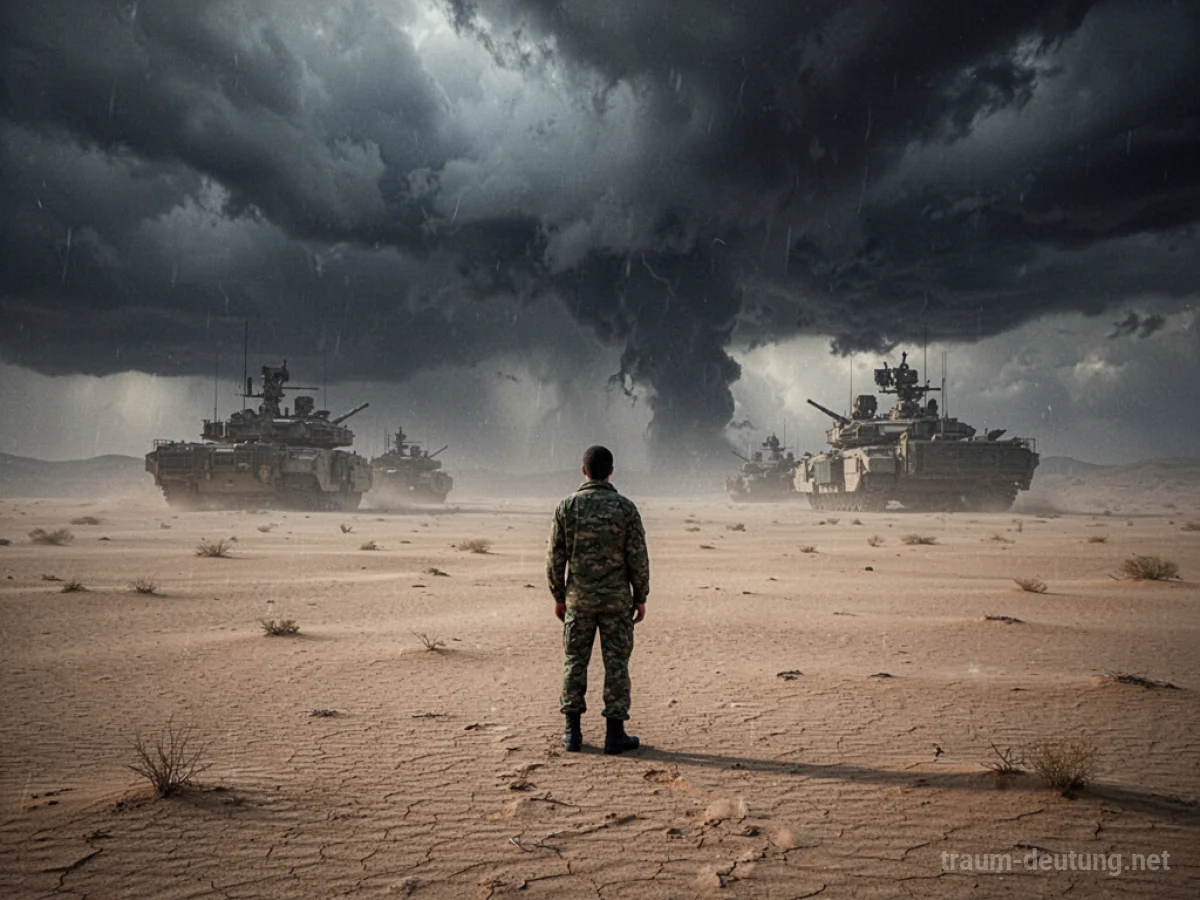 Eine einzelne Figur steht in einer weiten Wüstenlandschaft, militärische Silhouetten am Horizont.
