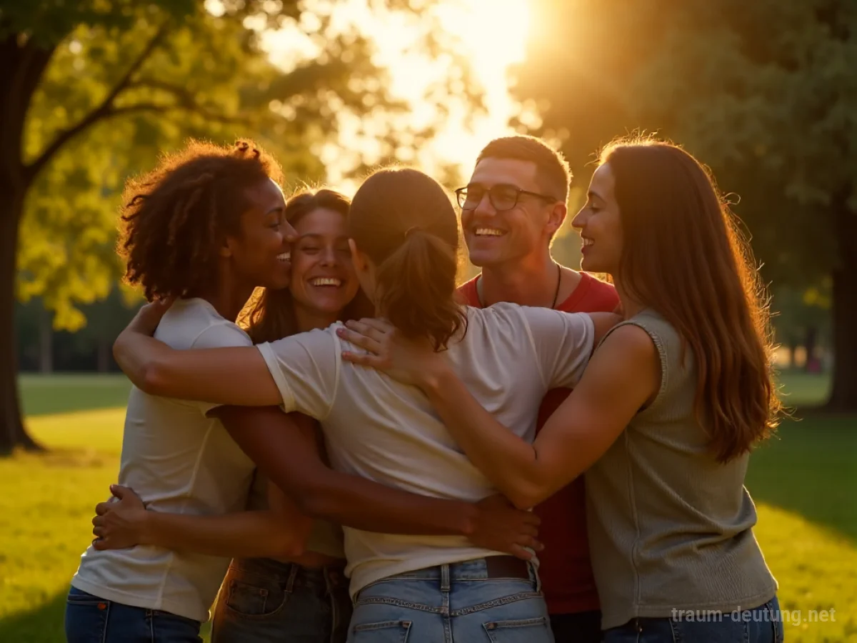 Eine Gruppe von Freunden umarmt herzlich eine Person in einem sonnigen Park.