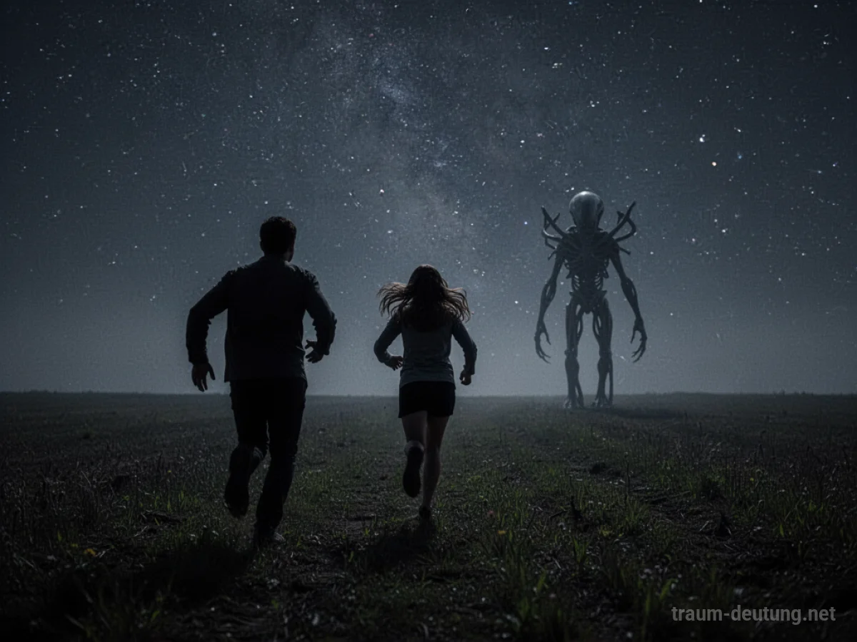 Eine Person flieht vor einer Alien-Silhouette auf einem dunklen Feld unter Sternen.