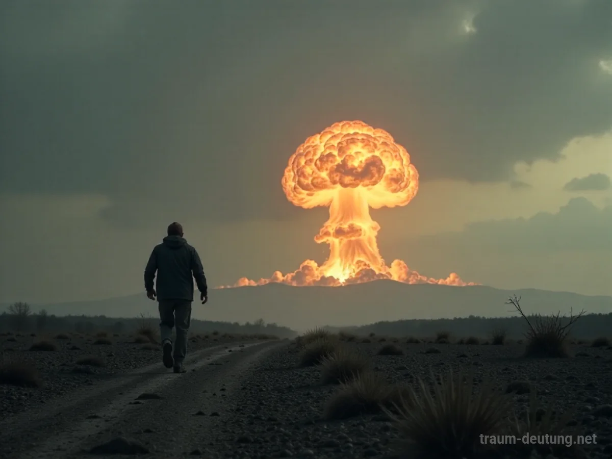 Schattenhafte Figur flieht vor einem Atompilz in trostloser Landschaft