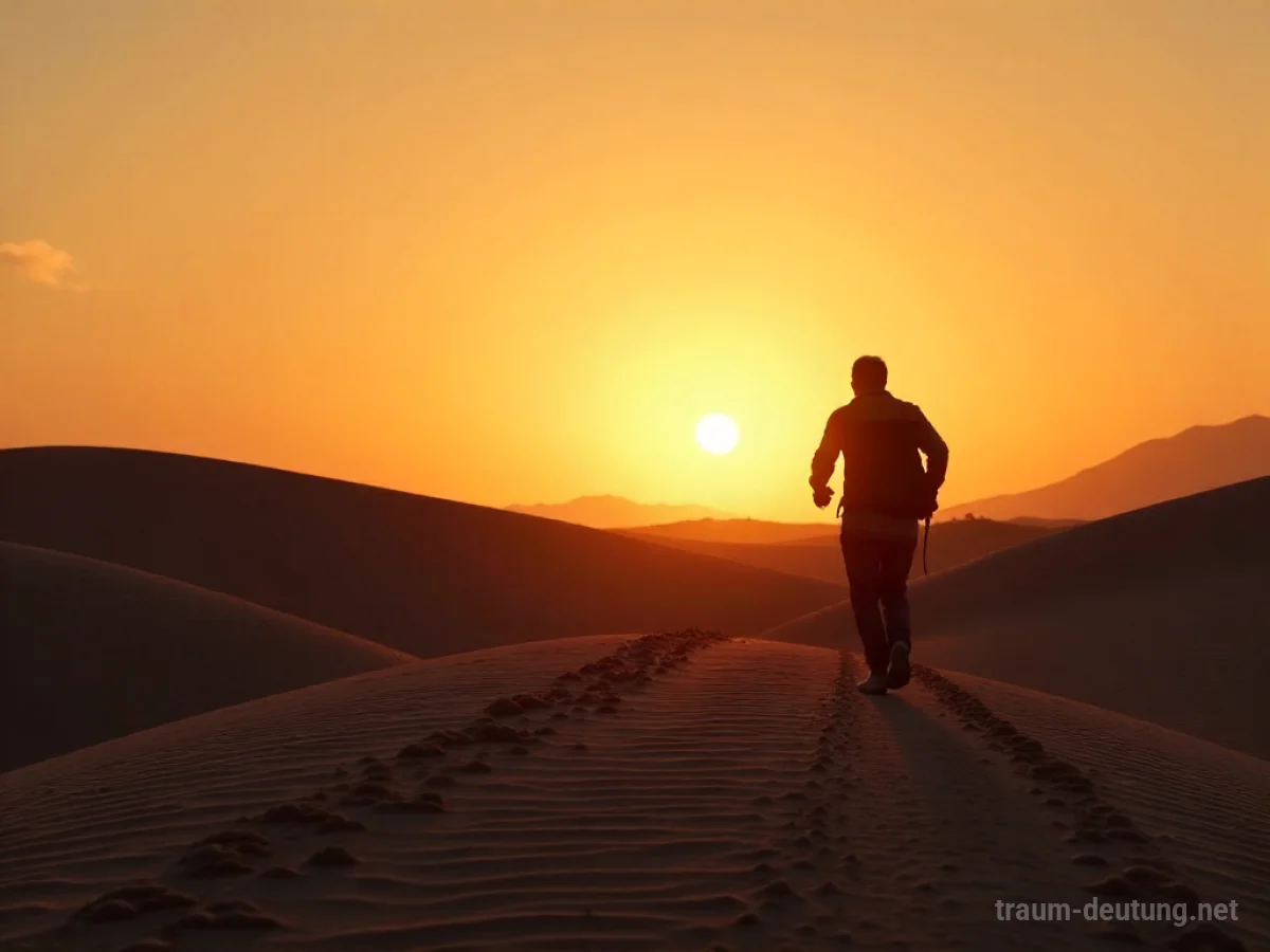 Eine Person flüchtet vor einer arabischen Silhouette in der Wüste bei Dämmerung.