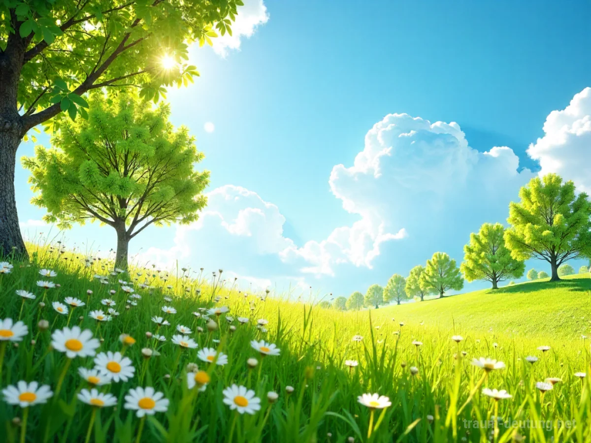 Sonnige Landschaft mit blühenden Blumen und jungen Bäumen an einem warmen Apriltag.